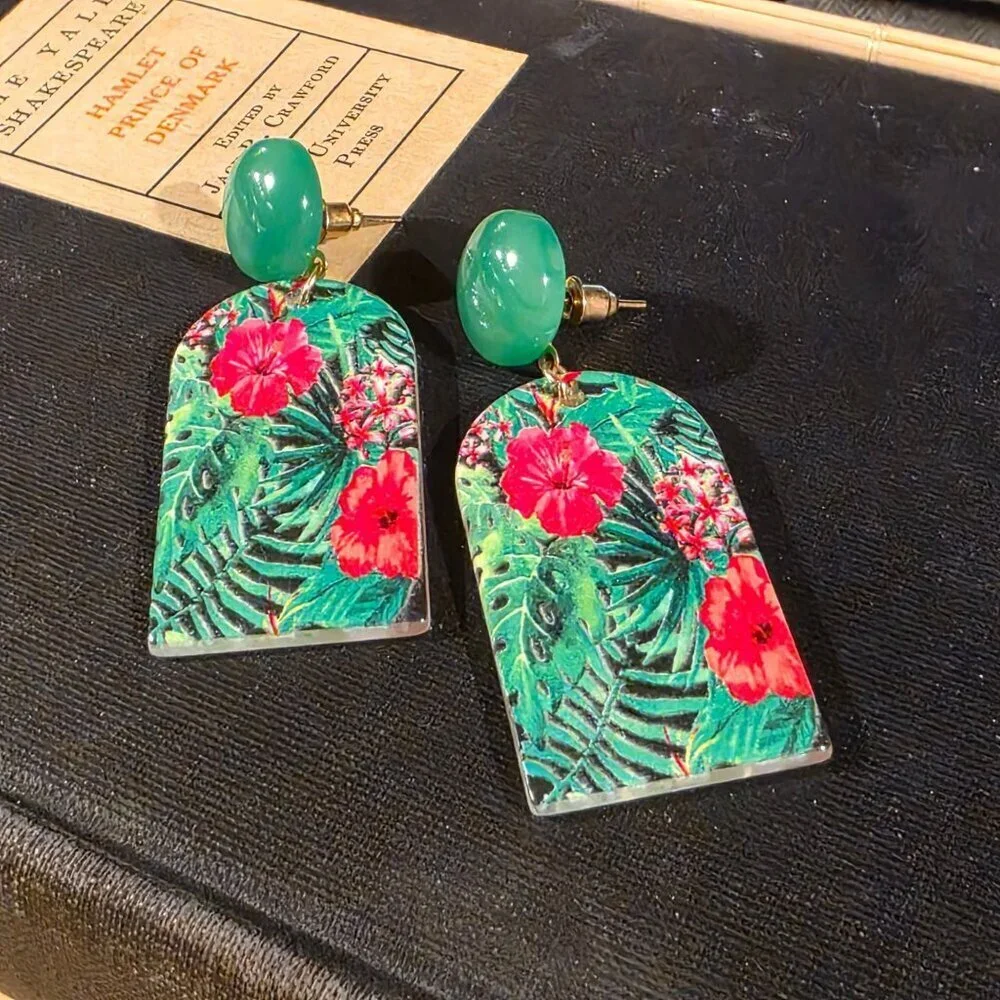 Retro 80s Style Tropical Flowers Plants Vintage Lucite Pendant Dangle earrings
